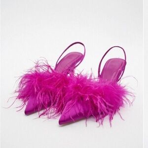 NWT Zara Feathered Fuchsia Slingback Heels Size 6 & Minimal Shoulder Bag Set